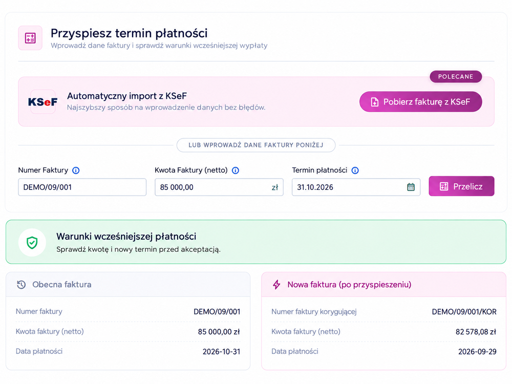 Kalkulacja e-skonta — kwota i nowy termin płatności